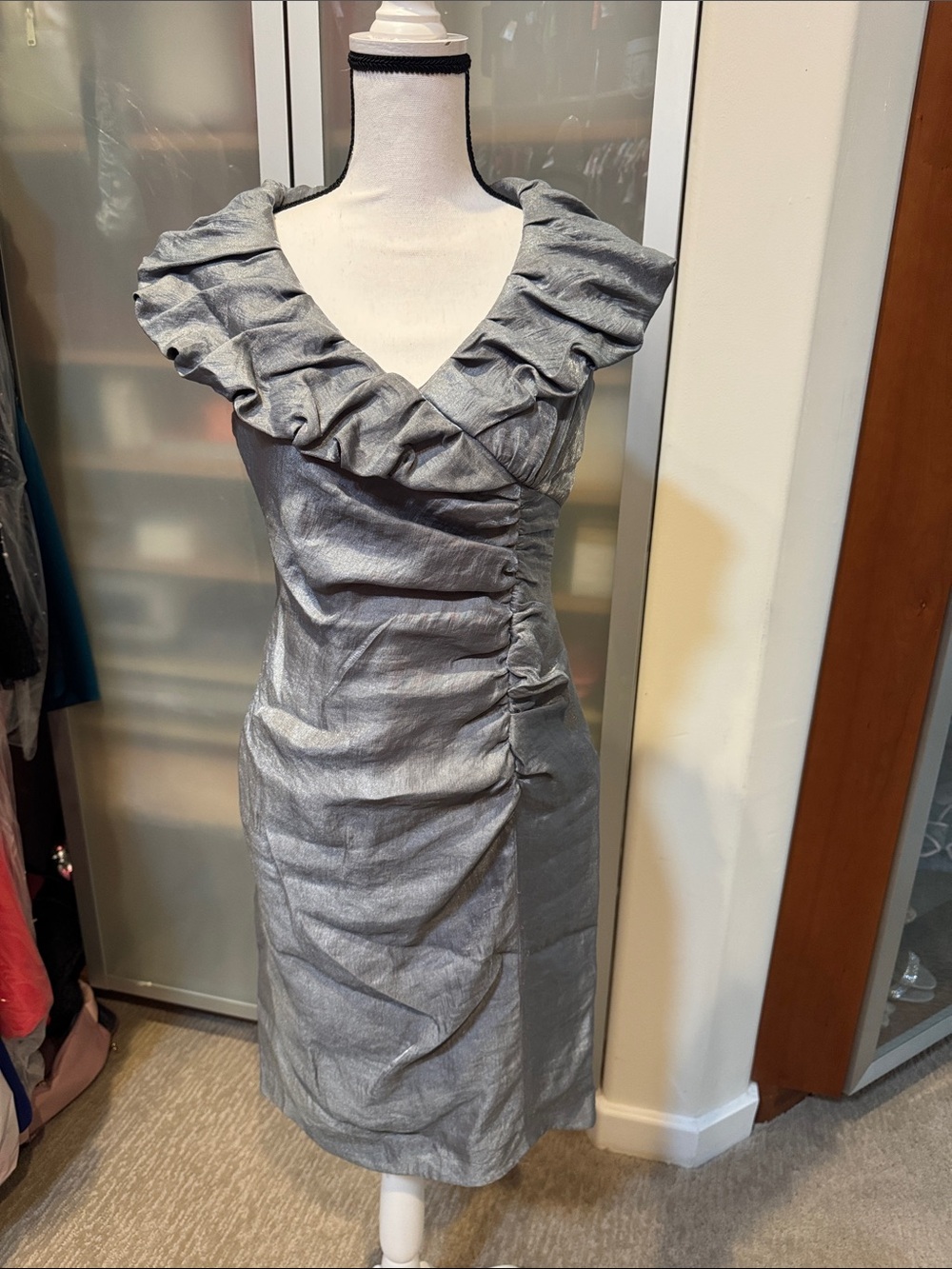Adrianna Papell Silver Metallic Ruffle V-Neck Midi Dress